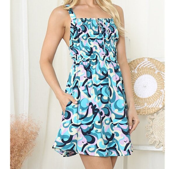 Women's Blue Multi Colour Smocked Mini Dress with side Pockets  Bohemian Y2K - Picture 3 of 8